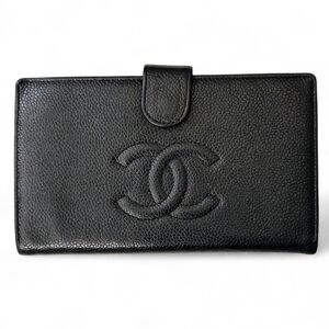 CHANEL Caviar Leather Wallet Black CC Logo Bifold with Authenticity Card